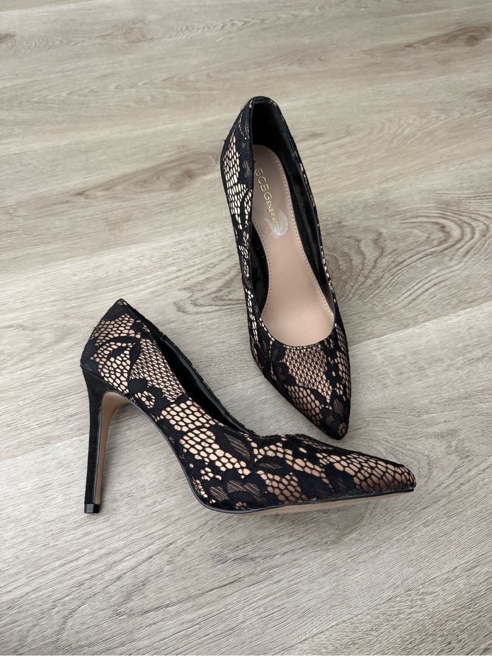 BCBGeneration Black Lace Pointed Toe Stiletto Pumps